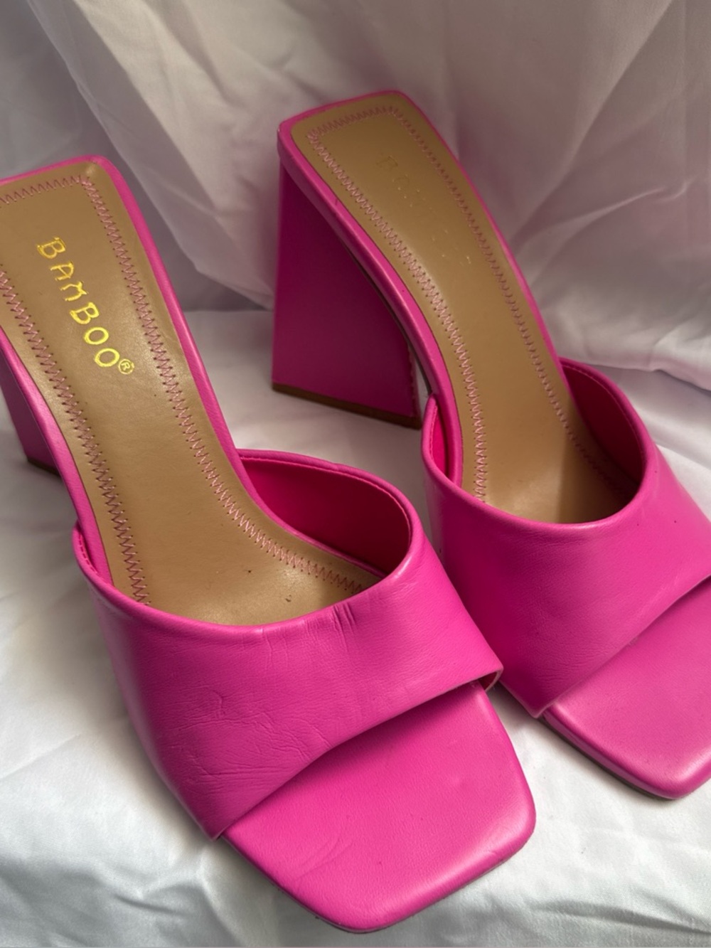 BAMBOO Hot Pink Square Toe Block Heel Mules
